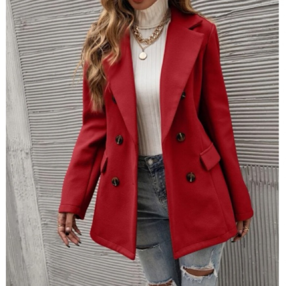 Classic Red Double Breast Button Up Jacket Coat